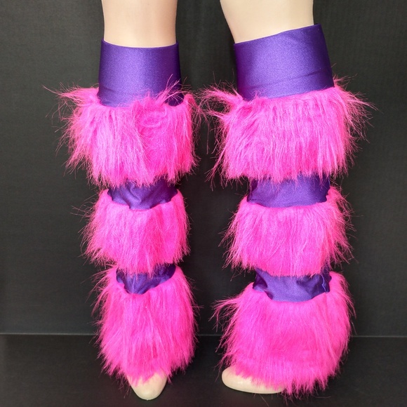 Pink Fur Leg Warmers Purple Striped Pants Fuzzy Fluffies Socks Cosplay Costume - Picture 3 of 7